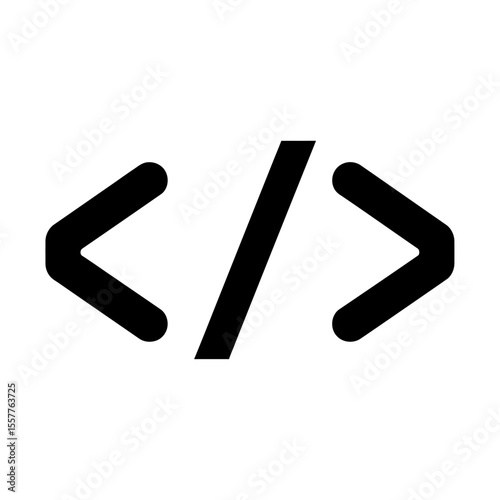 A black and white illustration of a code symbol with a slash on a white background isolated