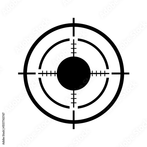 A black and white graphic of a target reticle with concentric circles and crosshairs for aiming focus