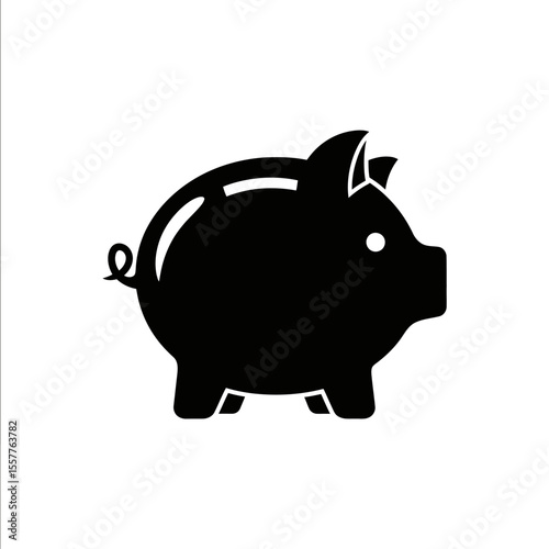 A black piggy bank with a slot on its back and a curly tail on a white background illustration