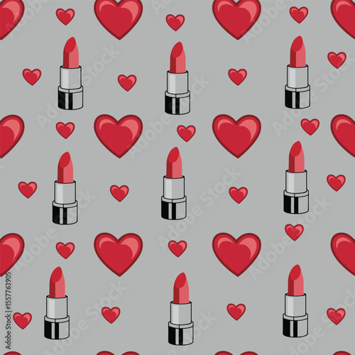 A stylish repeating pattern featuring red lipsticks and hearts against a soft gray background. This trendy design is perfect for beauty-related projects, cosmetics packaging, or any creative venture.