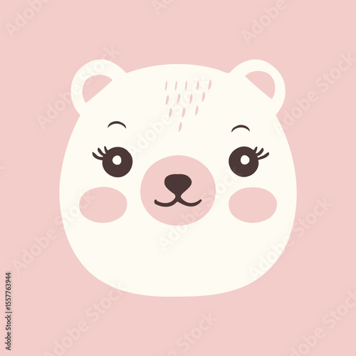 A charming illustration of a cute polar bear face with big expressive eyes and rosy cheeks, set against a soft pink background. This delightful design is perfect for children's decor, greeting cards, 