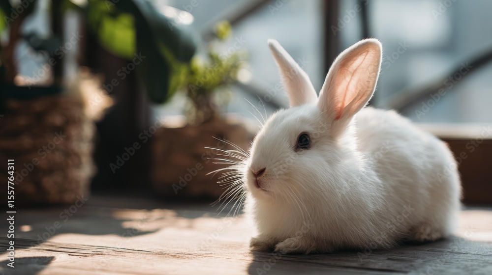 Fototapeta premium Adorable white rabbit on wooden table surface. Cute cozy background