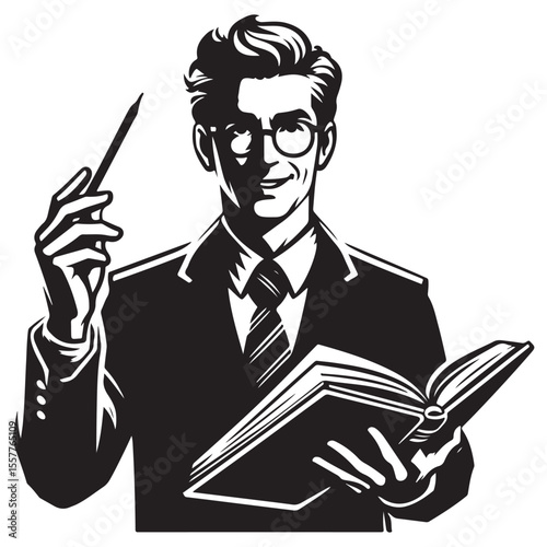 Smart Professor Holding Book Explaining and Teaching Complex Educational Concepts