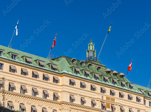Detail of Hôtel rooftop in Stockholm with Nordic flags