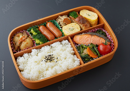 Japanese bento lunch box with salmon