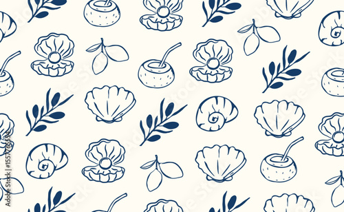 Hand drawn doodle italian food seamless pattern. Chalk crayon blue sketch dish with tropical fruits, olives, mediterranean seafood, oyster, italy ingredients for menu. Vector illustration.