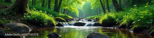 Serene Flowing Brook in Lush Autumn Forest Calming Nature Background for Websites and Presentations