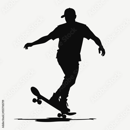 Skateboarder performing trick in silhouette on plain background  