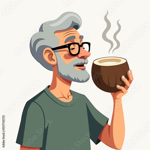 Elderly man enjoying a warm beverage from a coconut cup  