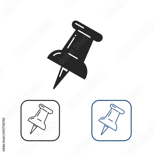 Push pin icon in black and white with outline variants  