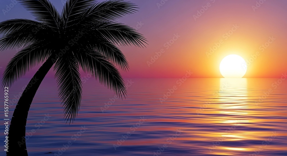 Obraz premium Tropical Sunset Over Calm Ocean with Palm Tree Silhouette