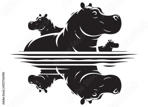 Hippo Family Silhouette Vector Illustration in the Water with Reflection