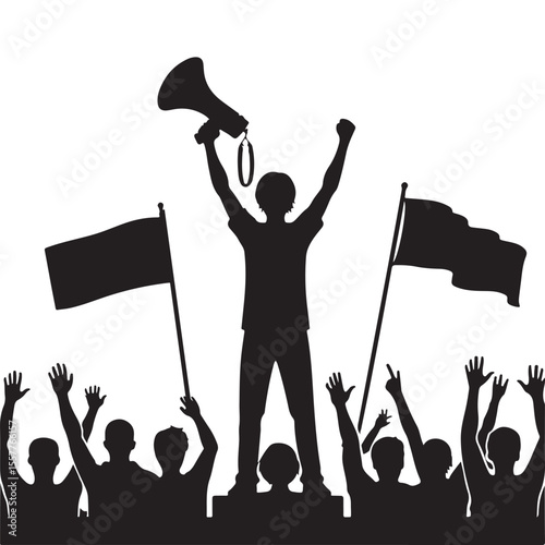 Silhouette Protester with Megaphone Leading Crowd Vector Illustration