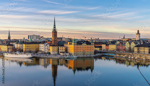 Sunset cityscape of Stockholm with Riddarholmen and Old Town waterfront