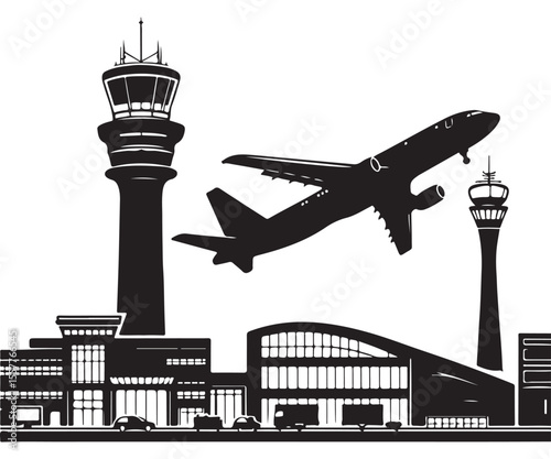 Busy Airport Scene Silhouette Vector Illustration Featuring Airplane Takeoff