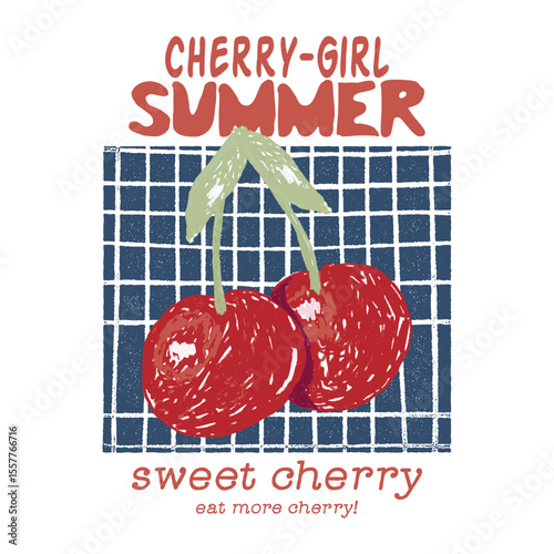 Hand-drawn Sweet Cherry illustration, Cherry Bomb feeling lucky, Cherry graphic, vintage hand-drawn fruits print design, fruit print artwork, summer t-shirt design, women's t-shirt, fruit print design