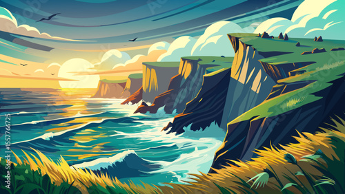 Wild sea crashing against dramatic cliffs, grass ripples in the wind. Pale afternoon sun softens the rugged terrain, birds circle above the ocean’s endless horizon.

