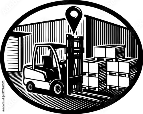 Black and white illustration of a warehouse with forklift delivering packages inside an oval frame