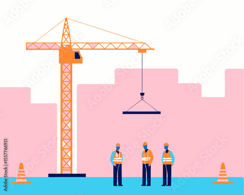 Construction site illustration featuring crane workers and buildings in modern flat design style