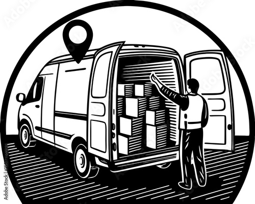Delivery van with packages and a courier depicted in a stylized black and white graphic design illustration