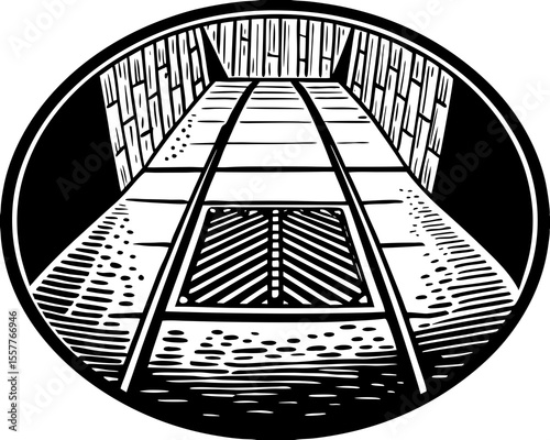 Graphic illustration of a tunnel entrance in a circle showing a geometric art style with black and white detailing.