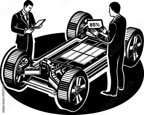 Illustration of two professionals examining electric vehicle battery and performance percentage using tablets