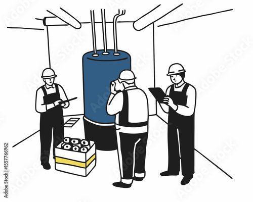 Industrial technicians conducting inspection and maintenance on machinery within a factory setting against transparent background.