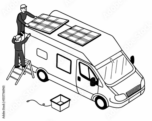 Installing solar panels on a campervan showing clean energy and renewable technology on a white background.