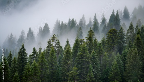 misty forest landscape showcasing towering evergreen trees and soft fog enveloping the greenery creating a serene atmosphere