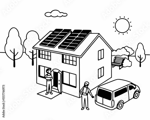 Modern home illustration with solar panels and electric car depicting renewable energy and sustainable living