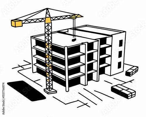 Isometric illustration of a building under construction with a crane depicting development and architecture