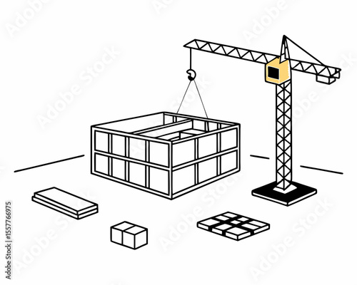 Isometric construction site illustration featuring a crane lifting a building frame with construction materials