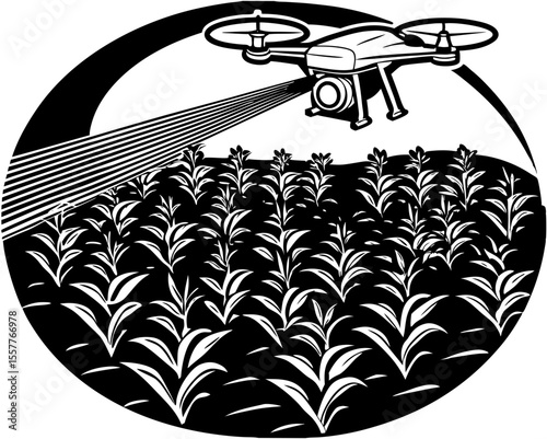 Modern agricultural drone technology surveying a cornfield in a circular design with geometric elements and lines.