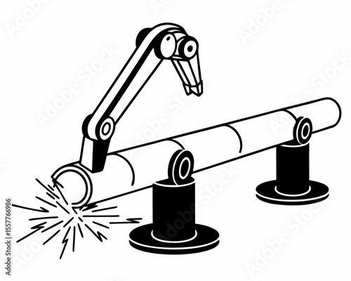 Robotic welding arm industrial process with sparks and metal pipe in clean monochromatic illustration