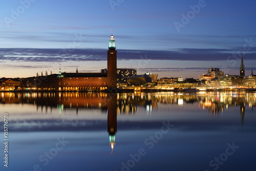 Stockholm skyline at twilight with City Hall and Old Town