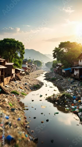 Impoverished community river polluted with discarded plastic trash and refuse between wooden shacks during sunny day on hillside landscape