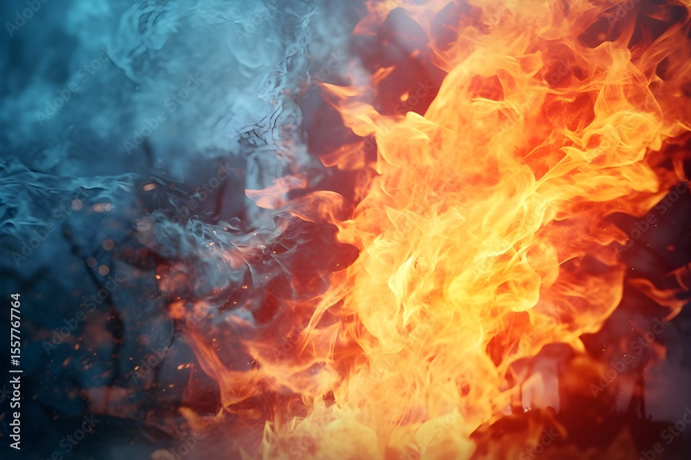 Fototapeta premium Fire and Ice: Contrasting elements of fire and ice captured in a dynamic shot, featuring flames against a snowy backdrop