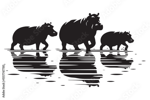 Hippopotamus Family Silhouette Walking Through Water With Reflection Illustration
