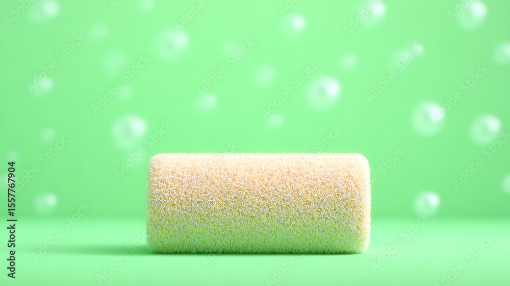 Obraz premium Rolled beige towel on a light green background with bokeh bubbles