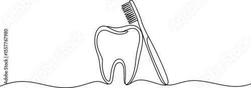 Tooth and Toothbrush Line Art, Minimalist Dental Hygiene Illustration.