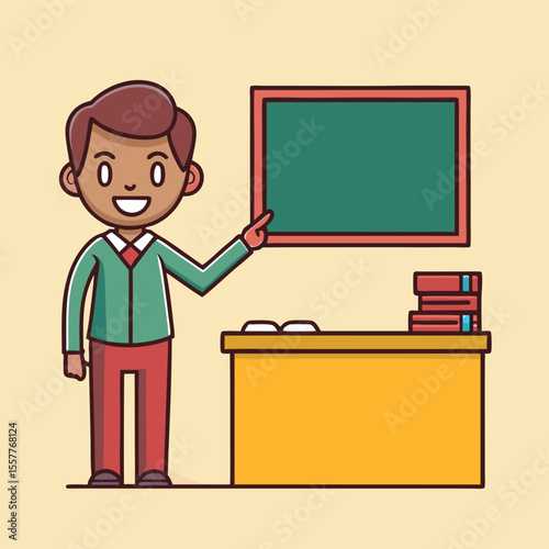 Friendly Cartoon Teacher Presenting at Chalkboard with Books on Desk Perfect for Education School and Teaching Related Projects and Designs