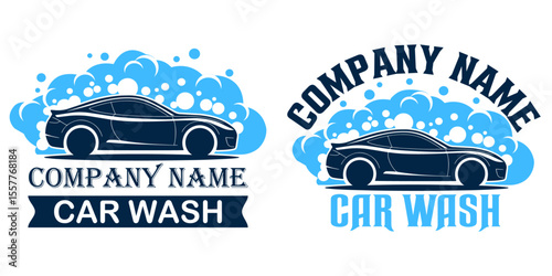 Vector Car Wash Logo Design with Modern Sportscar and Bubbles