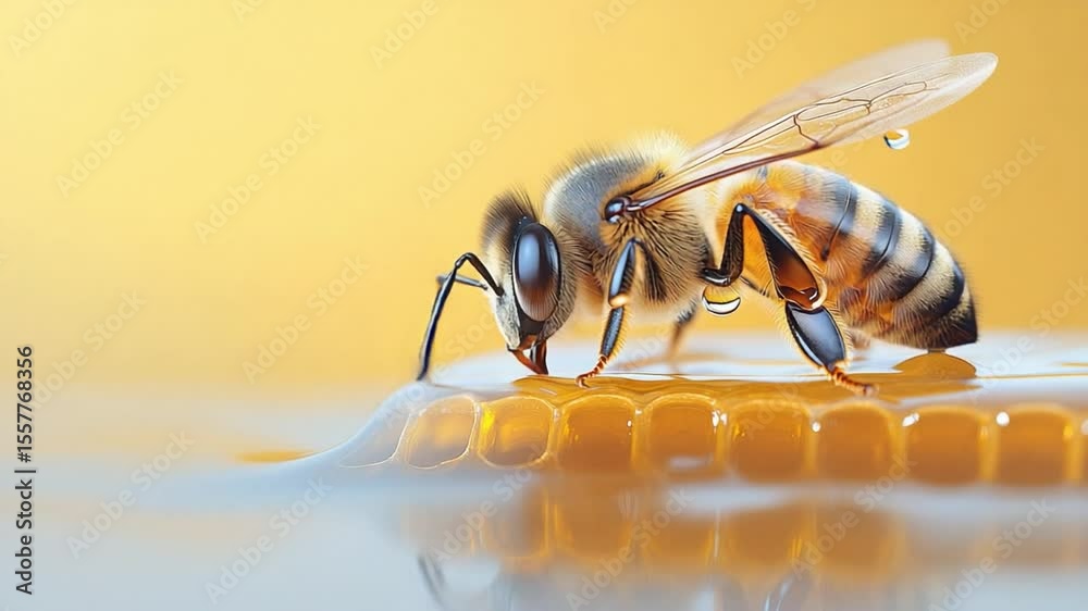 Bee Drinking Honey: A captivating image of a bee delicately drinking honey from a honeycomb cell, showcasing the intricate details of its form and the rich golden hues of honey.