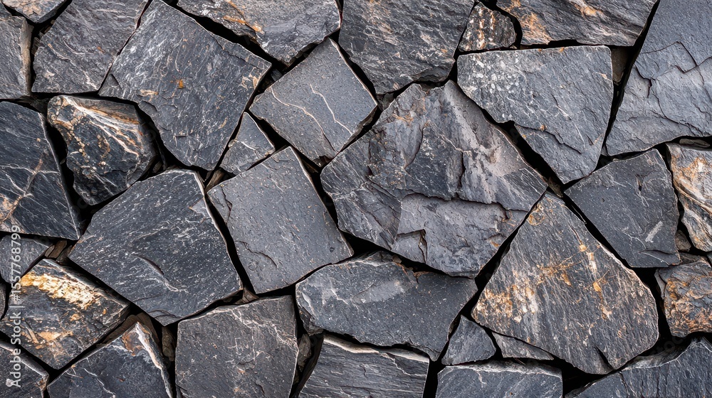 Fototapeta premium Flagstone texture blue gray stone pavers mosaic arrangement top down perspective weathered natural surfaces color variations shadows between joints