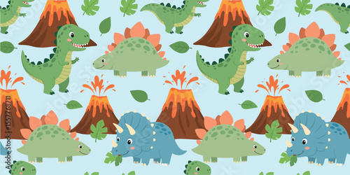 Cute cartoon dinosaurs and volcanoes seamless pattern with leaves on a light blue background for kids