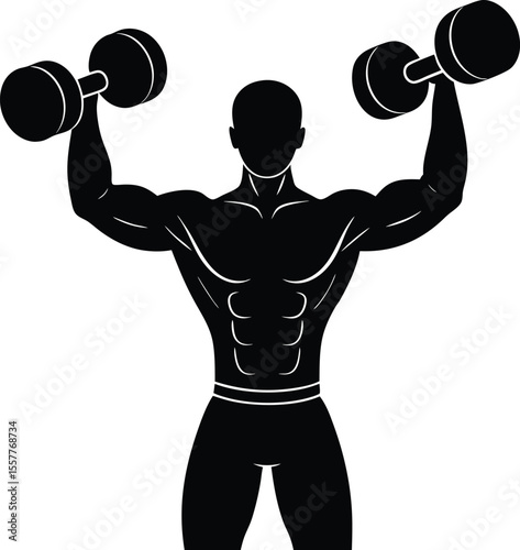 Silhouette of Muscular Man Lifting Dumbbells in Black and White