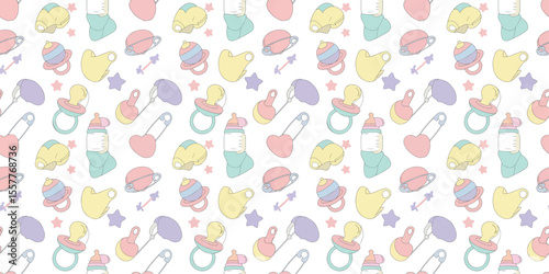 Seamless pattern of cute pastel baby items including pacifiers baby bottles rattles bibs and safety pins on a white background