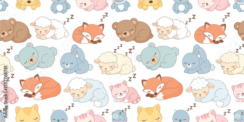 Adorable cartoon animals including bears sheep foxes and cats sleeping peacefully in a repeating pattern
