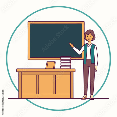 Illustration of a Female Teacher Presenting at a Blackboard in a Classroom with Desk and Books in a Clean Modern Style
