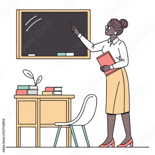 Illustration of a Female Teacher Pointing to a Blackboard in a Classroom with a Desk and Chair Holding a Folder